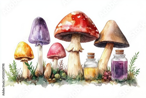 Colorful mushrooms growing in a magical forest alongside glass potion bottles filled with mysterious liquids. A whimsical and enchanted watercolor illustration with a fantasy-inspired atmosphere