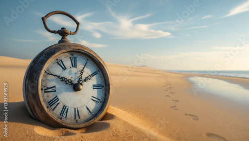 Clock resting on the beach sand symbolizes the passage of time and the ephemeral nature of life
