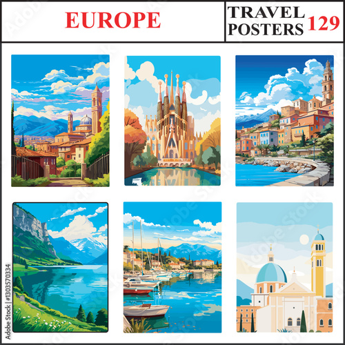 Europe Bergamo Barcelona Menton Travel Poster Wall Art Print Collection Set Part 129