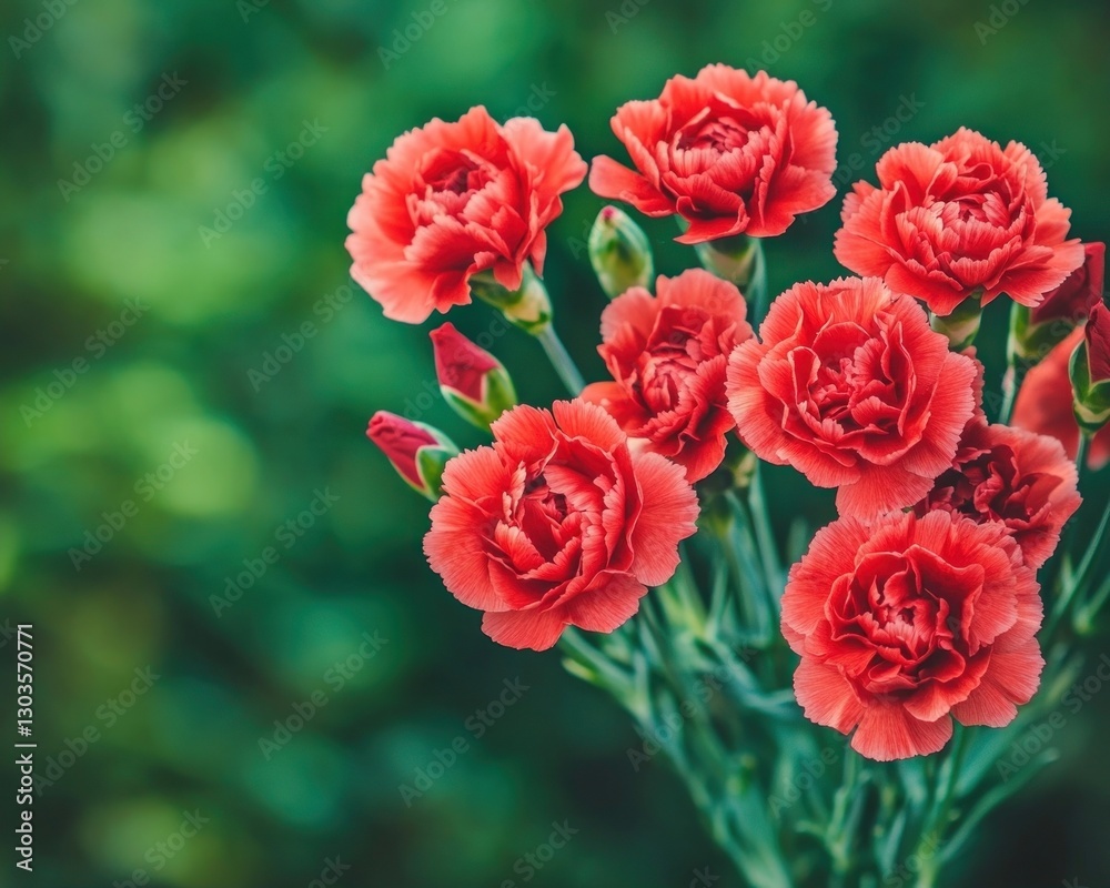 cluster of vibrant red carnations in full bloom against a verdant background cluster of vibrant red carnations in full bloom against a verdant background