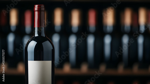 Front-facing view of a red wine bottle, with many other bottles blurred in the background. Red, black, and brown colors are prominant. photo