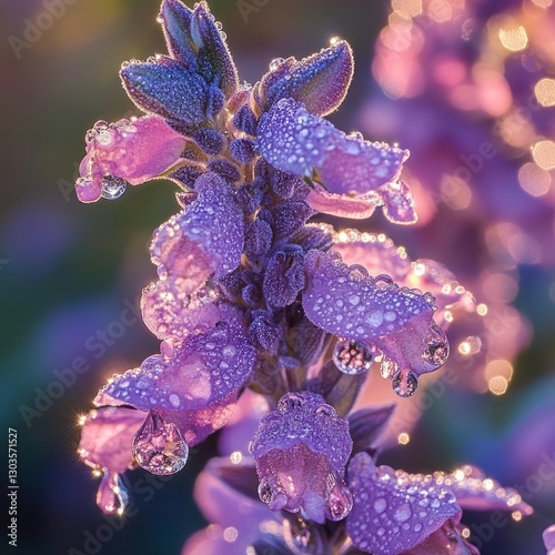 Clary Sage in full bloom with dew drops on its flowers illuminated by the morning sunlight photo