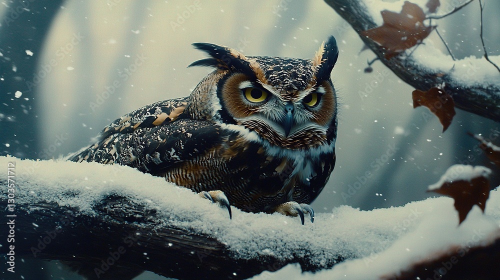 Obraz premium An owl perched atop a snow-covered tree branch amidst a forest blanketed in white