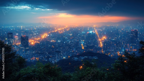Cityscape at dusk, vibrant lights, mountain view, urban sprawl, travel destination