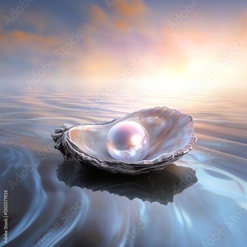 beautiful pearl is nestled in an open shell on a beach, glowing with silver light and sparkling. Pastel background, soft lighting