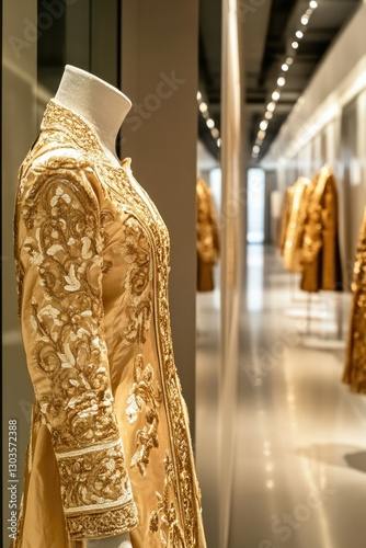 Traditional golden embroidery on a vestment, exhibited in a museum or gallery setting.