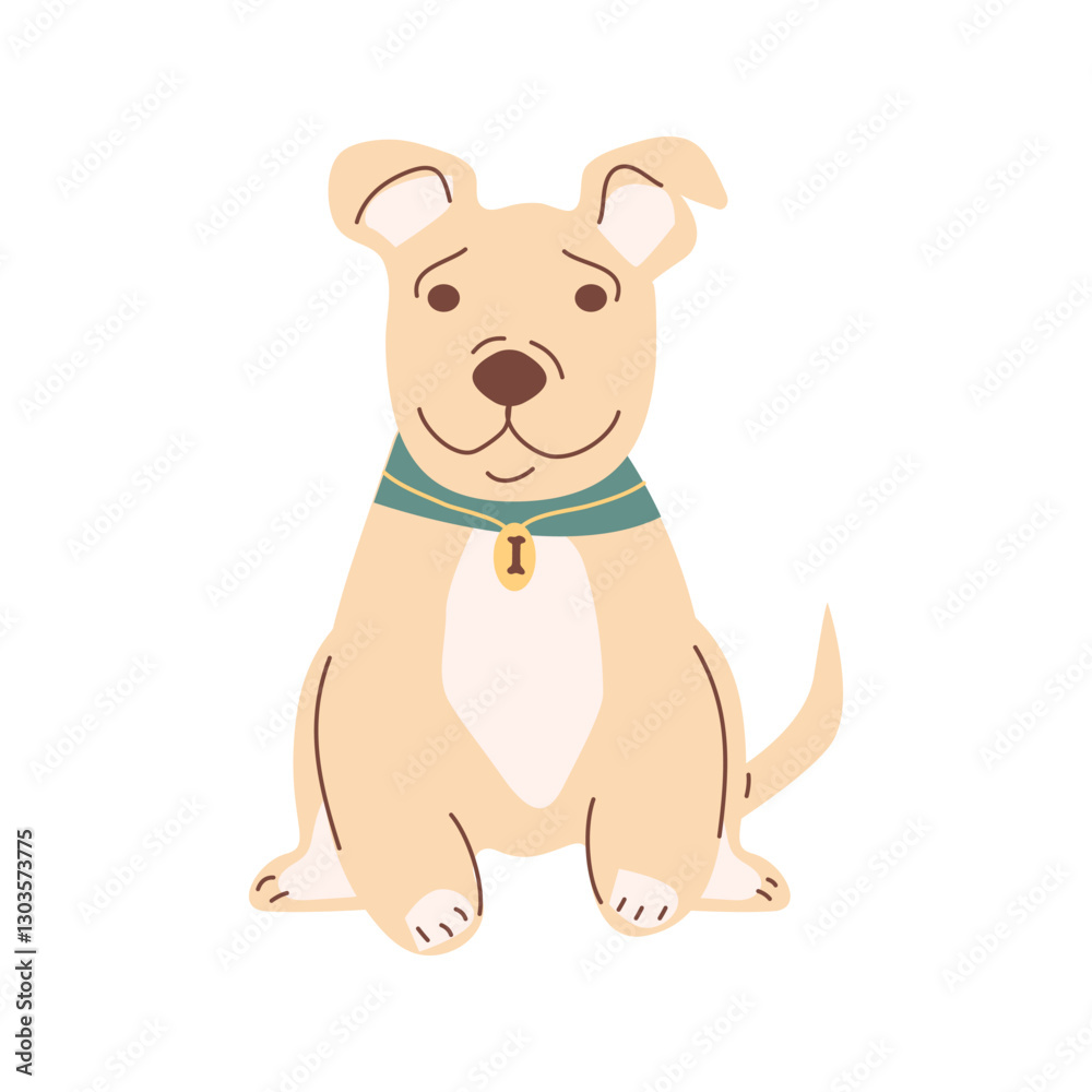 Obraz premium Vector illustration of a domestic dog, a happy dog in a collar and bandana, sitting and smiling. A friendly dog, man best friend. For postcards, pet supplies logos, and dog products design.