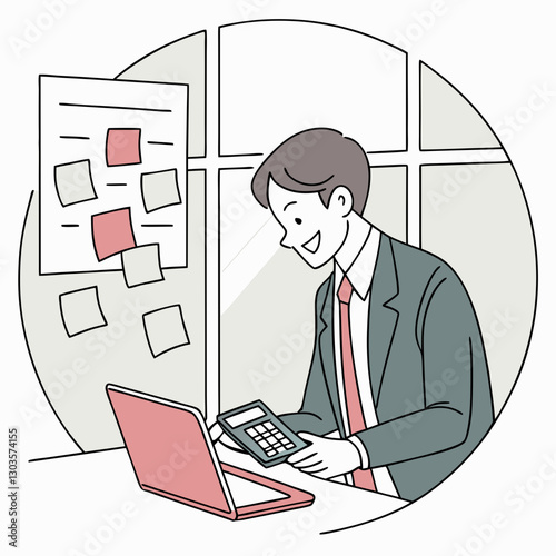 Vector Businessman in a suit working in modern office. Smiling while using a calculator and laptop, surrounded by sticky notes on glass wall. Represents accounting, finance, and business planning