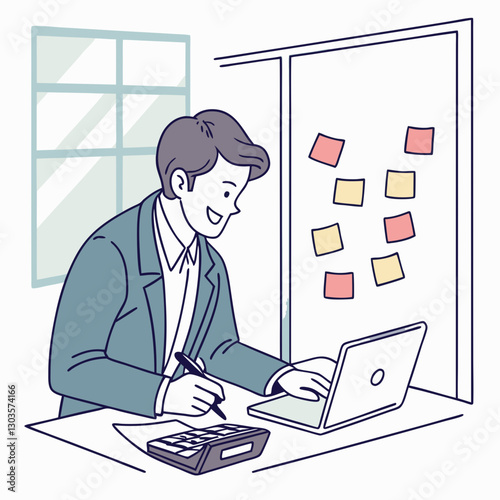 Vector Businessman in a suit working in modern office. Smiling while using a calculator and laptop, surrounded by sticky notes on glass wall. Represents accounting, finance, and business planning
