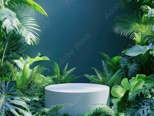 Circular white pool with tropical plants encircling it, creating a tranquil oasis.