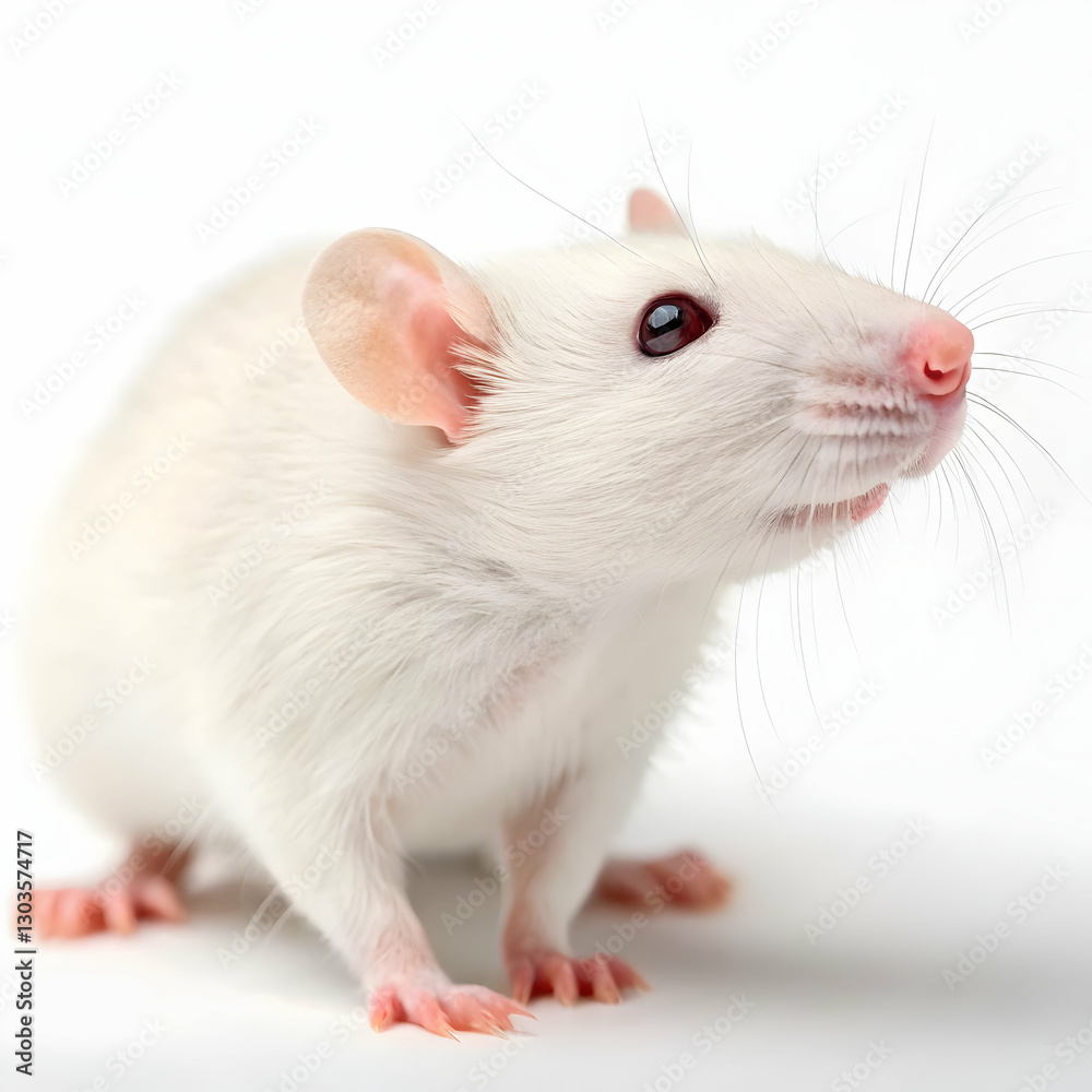 Domestic cute white rat on white background
