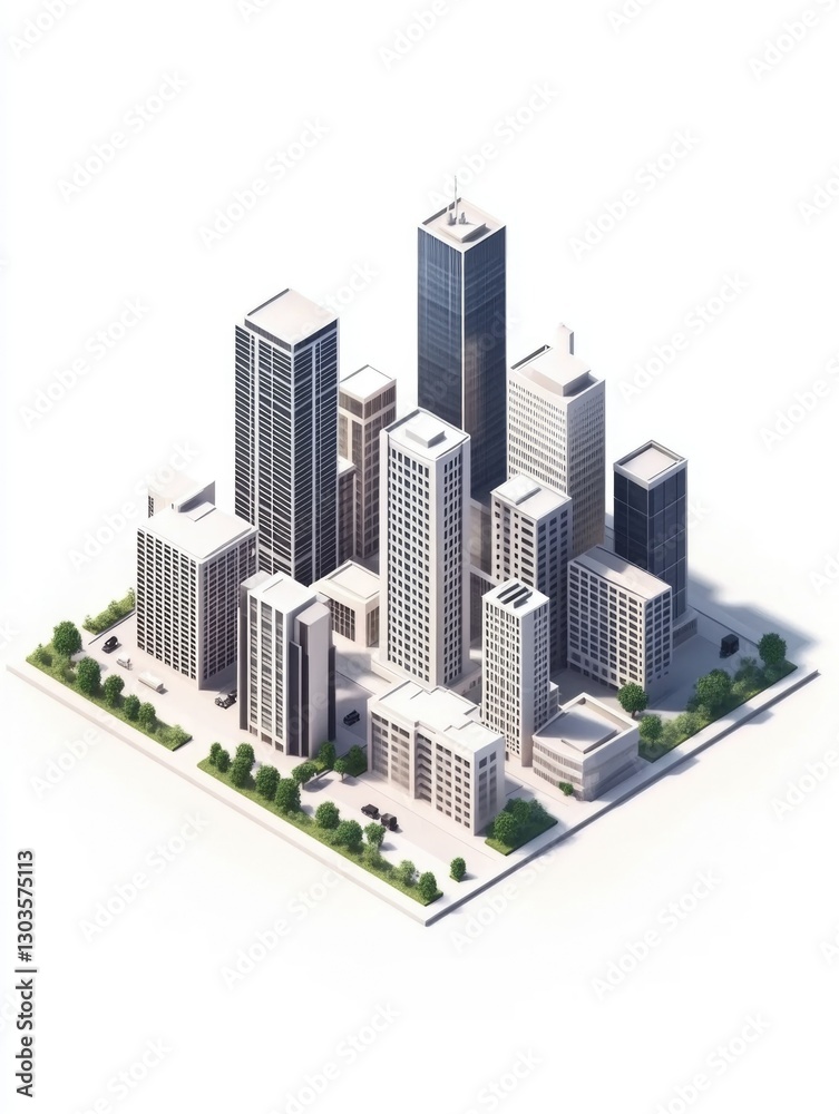 Fototapeta premium A stylized isometric illustration of a modern metropolitan city skyline at dawn or dusk.