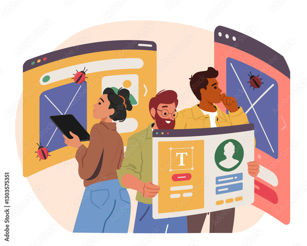 Programmers team inspecting bugs, fixing mistakes, testing software using virtual cyberspace tech