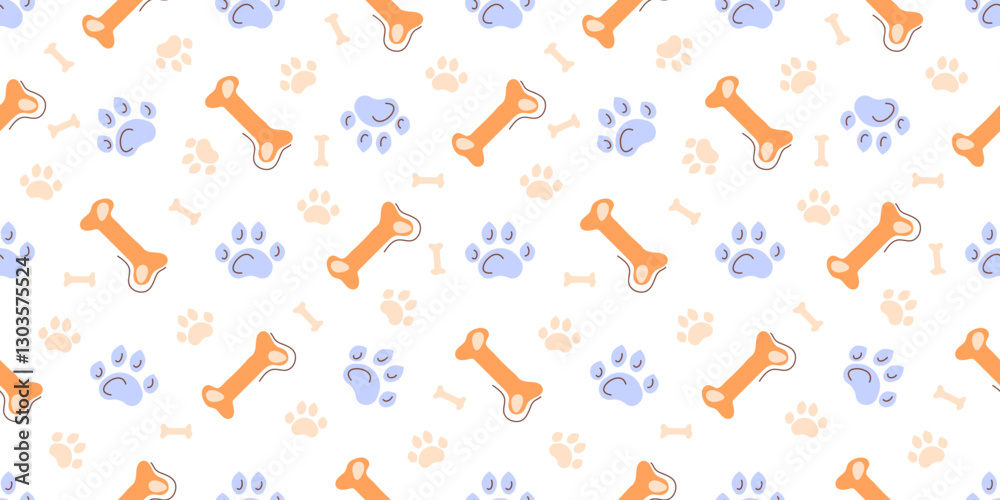 Colorful seamless pattern with a dog footprint and a bone. Vector print for pet textiles, packaging of dog products. Colorful seamless pattern with a dog footprint and a bone. Vector print for pet textiles, packaging of dog products.