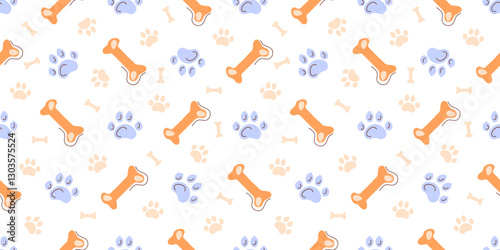 Colorful seamless pattern with a dog footprint and a bone. Vector print for pet textiles, packaging of dog products.