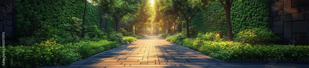 Obraz premium Lush Green Walkway with Sunlight Streaming Through Trees in a City Park. Generative AI