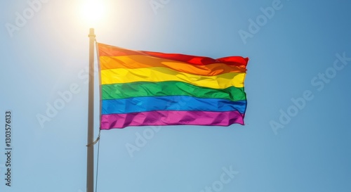 Rainbow flag waving against a clear blue sky, representing diversity and LGBTQ+ pride in a colorful display