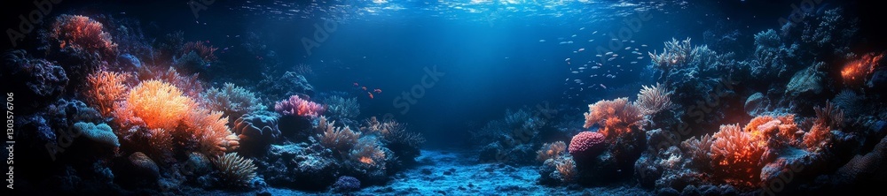 Fototapeta premium A vibrant underwater coral reef scene glowing under the ocean's surface with bioluminescent corals and colorful fish swimming. Generative AI