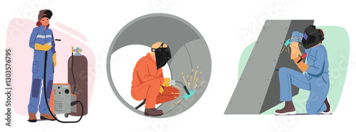 Man and woman welder laborer cartoon characters in uniform and protective helmet at work set