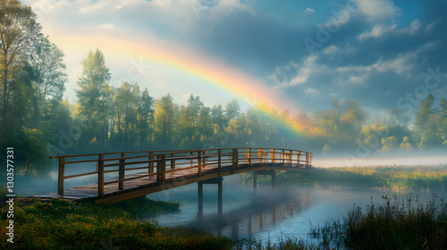 A peaceful wooden bridge spans over a tranquil river, with a vibrant rainbow and misty forest backdrop.