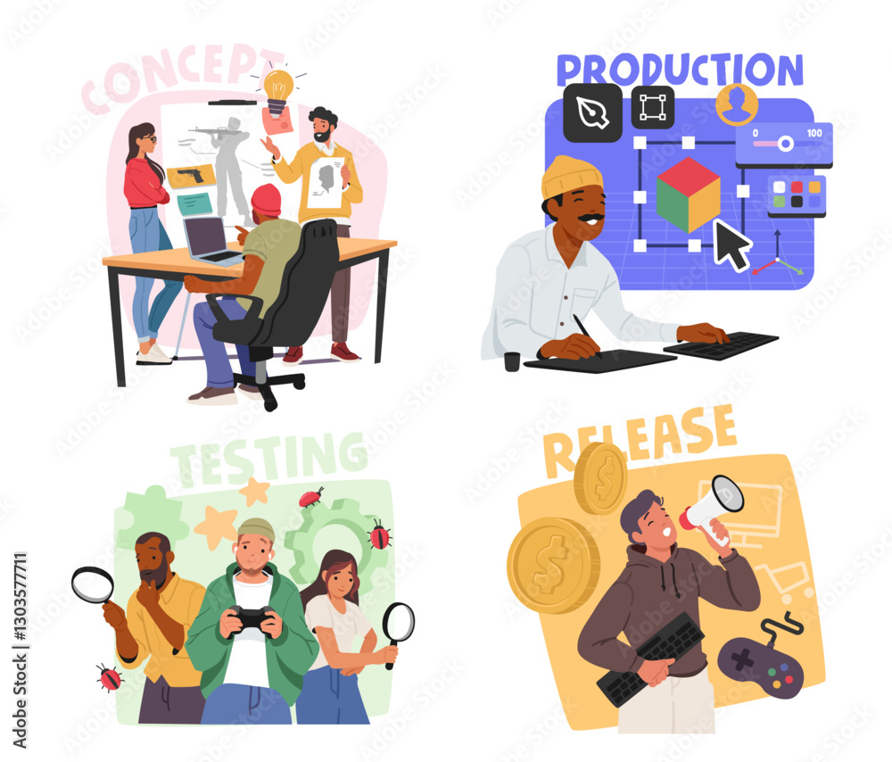 Game development step-by-step process from creating concept, production, testing to release set Game development step-by-step process from creating concept, production, testing to release set