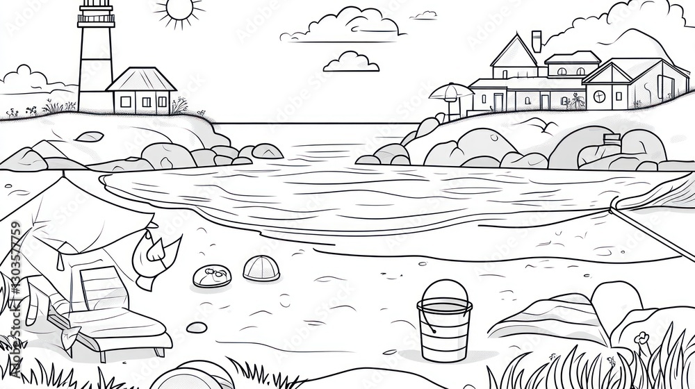 Fototapeta premium Seaside scene coloring page, kids activity, beach, lighthouse, calm waters