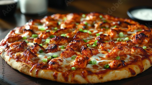 Buffalo chicken pizza with crispy chicken and fresh green onions garnishing the top. Generative AI