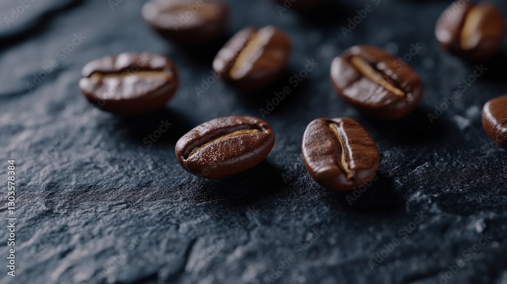 Naklejka premium Close-Up of Roasted Coffee Beans on Dark Slate Surface Highlighting Their Rich Texture and Color, Perfect for Food and Beverage Related Projects