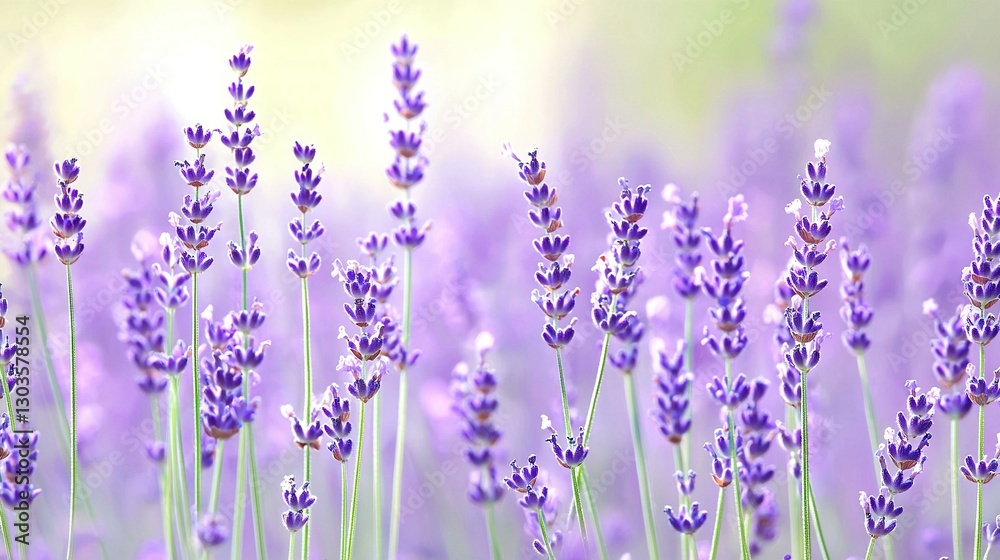 Naklejka premium A field of lavender flowers with a blurry background of the flowers in the foreground is a blurred image of a field of lavender flowers in the foreground