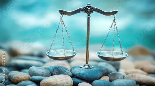 Libra negotiator, balanced scales, soft blue tones, harmonious interaction, fair judgment. Balance - Rocks. Illustration