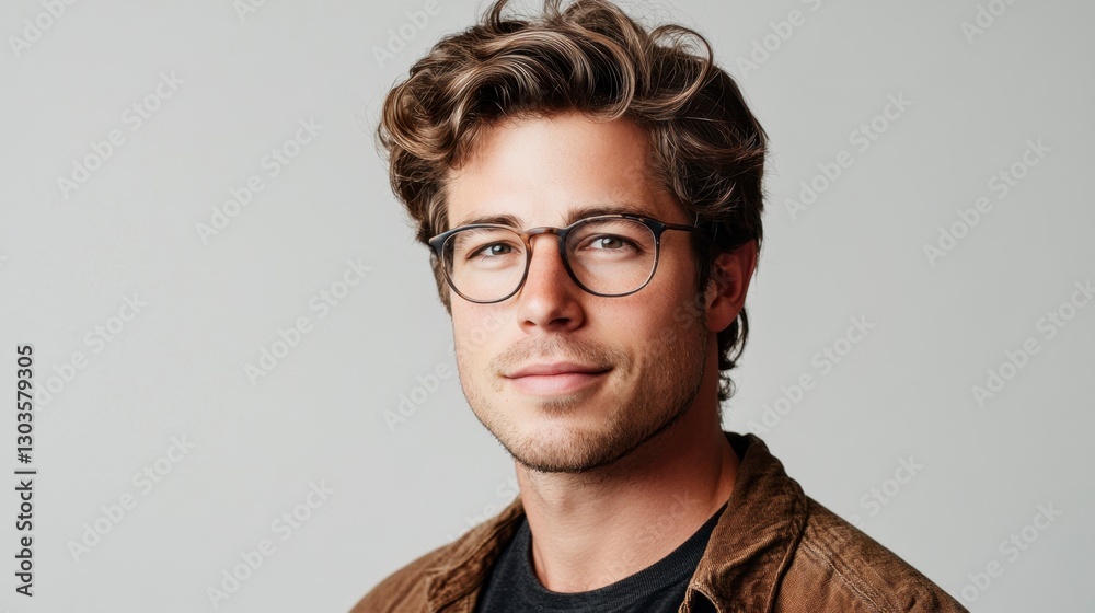 Fototapeta premium Handsome man with wavy hair and glasses poses in a modern portrait studio setting