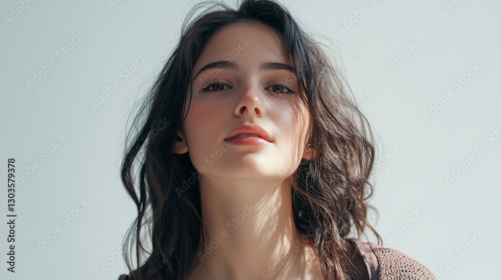 Natural Beauty Portrait of a Young Woman with Wavy Hair in Soft Light Natural Beauty Portrait of a Young Woman with Wavy Hair in Soft Light