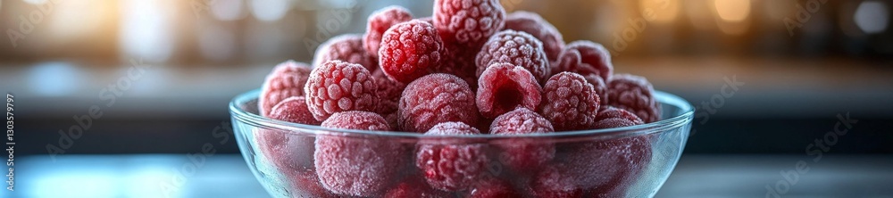 Close-up view of a frosted raspberry bowl with a blurred background and soft lighting. Generative AI Close-up view of a frosted raspberry bowl with a blurred background and soft lighting. Generative AI