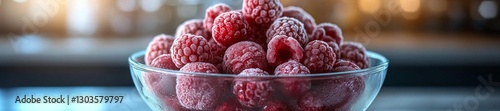 Close-up view of a frosted raspberry bowl with a blurred background and soft lighting. Generative AI photo