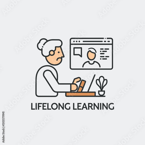 Senior lifelong learning vector, elderly person studying online education