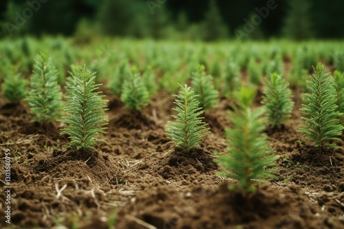 Young evergreen trees growing in a field, indicative of forestry and plantation agricultural activities. photo