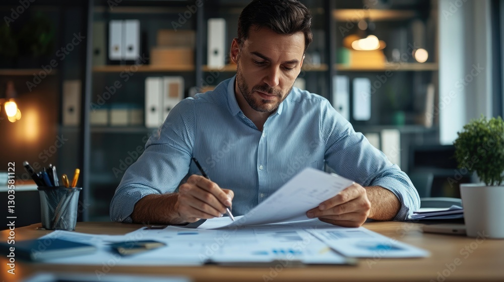 A businessman in a suit working on documents at his desk. A businessman in a suit working on documents at his desk.