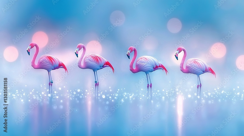 Fototapeta premium A Pink Flamingo Group on Blue-Pink Background with Sparkling Lights
