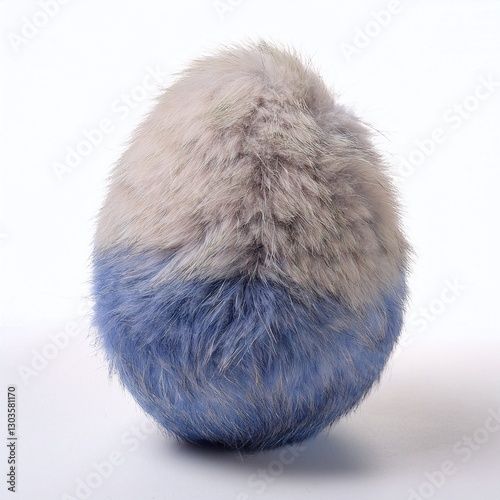 Fuzzy Ester egg with white and blue fur, isolated on white background. 