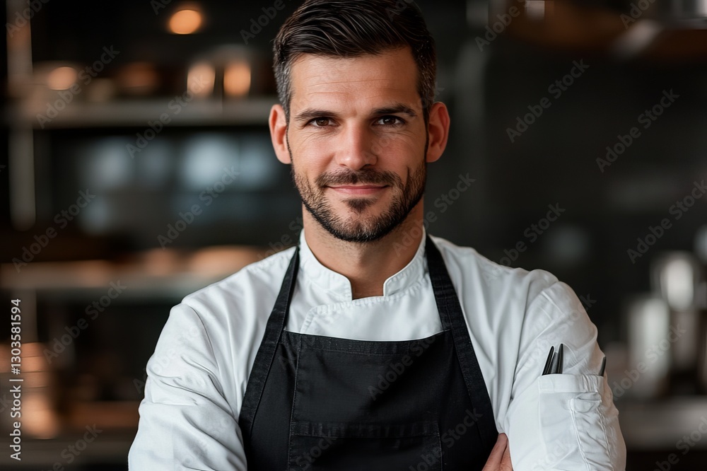 Fototapeta premium Confident Male Chef Portrait Culinary Professional Restaurant Kitchen Uniform Happy Smiling Cook Food Service Industry Culinary Arts Professional Chef