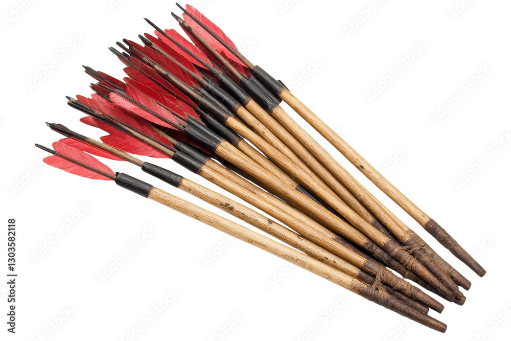 Handcrafted arrows with vibrant red fletching on a white background isolated on transparent background Handcrafted arrows with vibrant red fletching on a white background isolated on transparent background