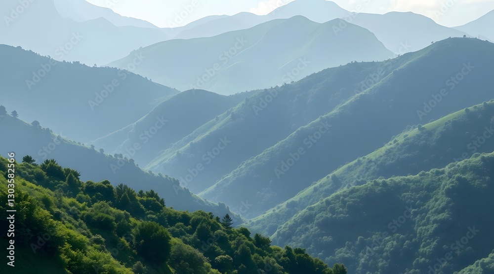 Obraz premium Layered mountain landscape shrouded in mist, featuring lush green hills and a tranquil atmosphere ideal for outdoor exploration and relaxation. 