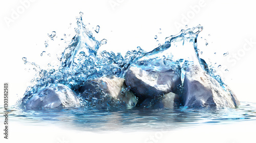 A dynamic splash of blue water isolated on white background, showcasing fluid movement and texture against a white background. Balance - Rocks. Illustration photo