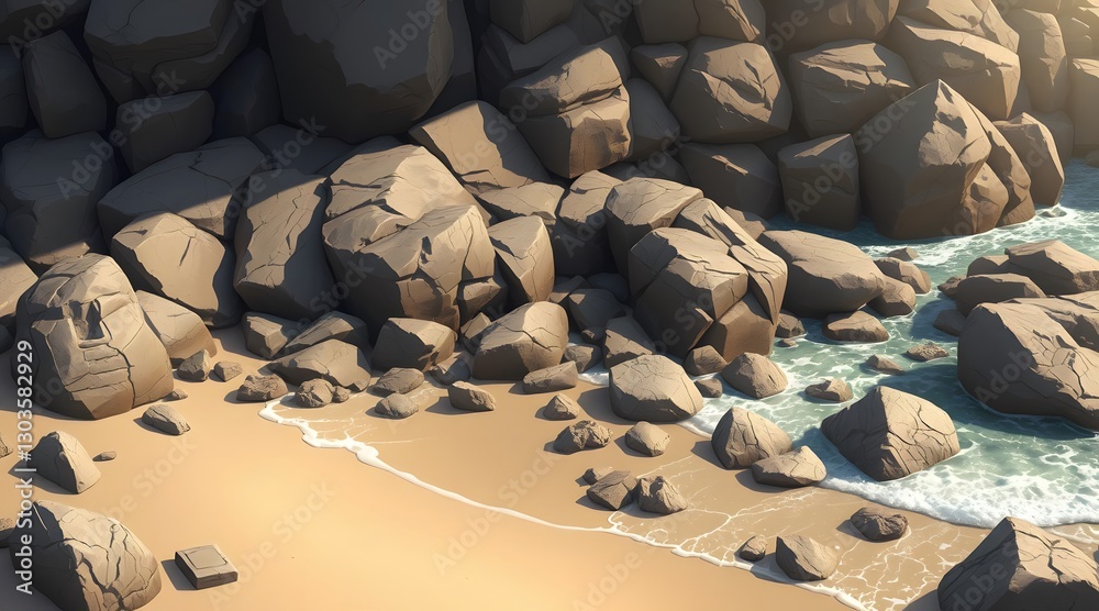 Obraz premium Discover a serene beach scene featuring rugged rocks and gentle waves, where the sun illuminates the sandy shore, creating a tranquil and picturesque coastal landscape. 