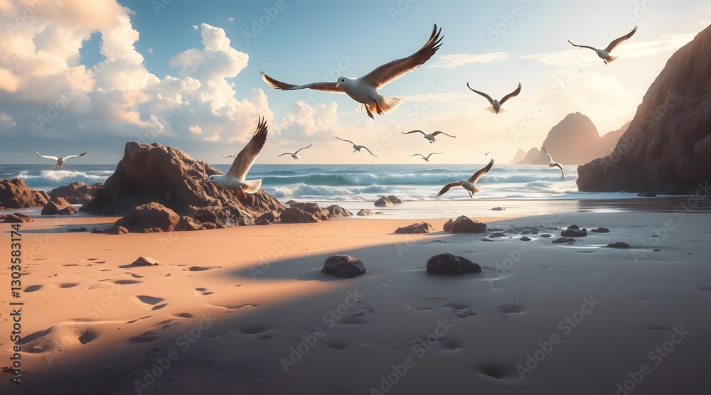 Naklejka premium A picturesque beach scene at sunset featuring seagulls soaring above gentle waves, with sandy footprints leading toward a tranquil ocean landscape. 