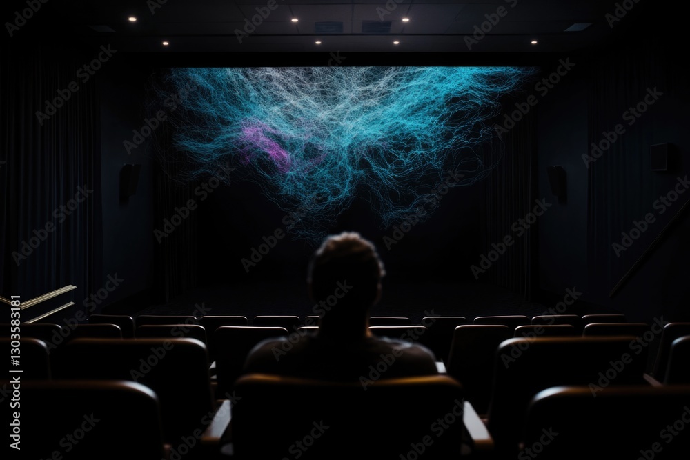 Silhouette of man in dark theater with colorful abstract light display on screen Silhouette of man in dark theater with colorful abstract light display on screen