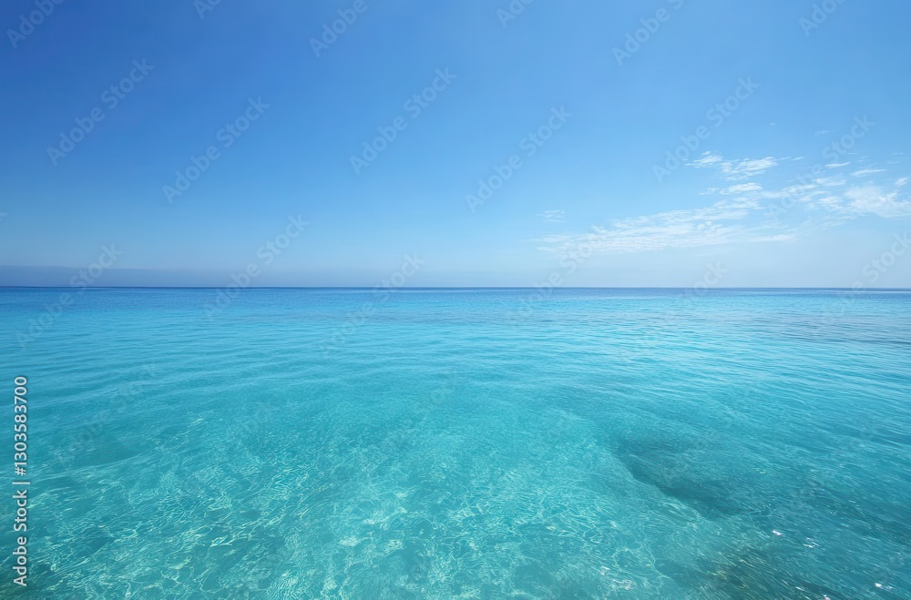 Tranquil Seascape with Clear Blue Water and Bright Sky Under Sunlit Horizon in a Calm Coastal Environment Tranquil Seascape with Clear Blue Water and Bright Sky Under Sunlit Horizon in a Calm Coastal Environment