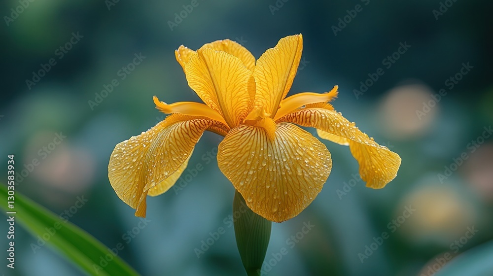 Fototapeta premium Close-up of a bright yellow iris with dew drops. Botanical garden setting. Stock photo