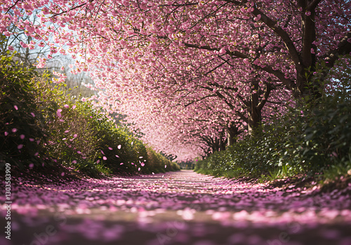 Un paseo en plena floración de cerezos en flor.Flores de primavera, caminos de flores de cerezo.