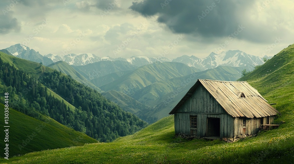 A cabin surrounded by a green field and towering mountains beneath a cloudy sky A cabin surrounded by a green field and towering mountains beneath a cloudy sky
